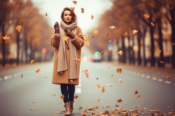žena v teplom kabáte a šále stojaca na ulici s padajúcim farebným lístím