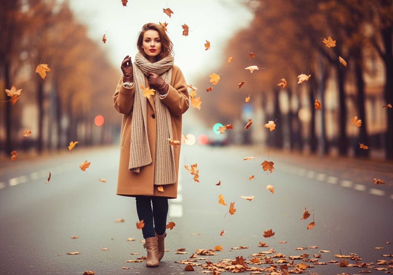 žena v teplom kabáte a šále stojaca na ulici s padajúcim farebným lístím