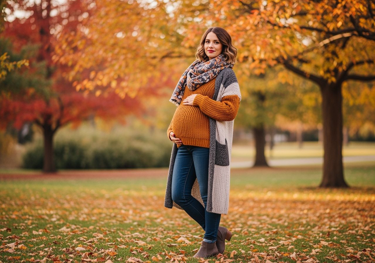 Tehotná žena v pohodlnom tehotenskom oblečení stojaca v parku s jesennými farebnými listami.