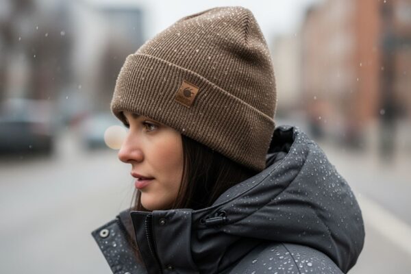 Osoba vo vode odolnom kabáte a čiapke stojaca vonku so zachytenými kvapkami vody na odeve.