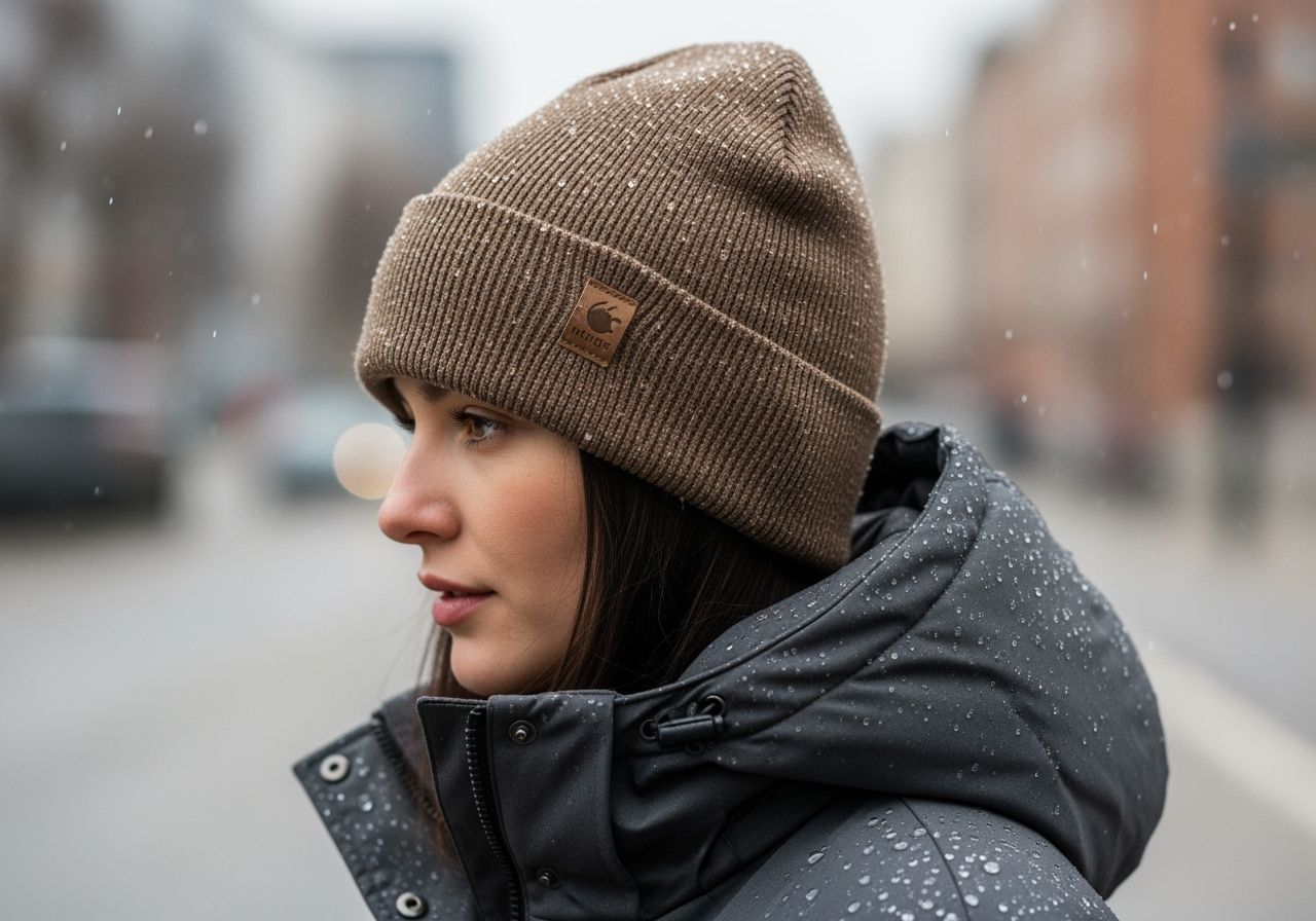 Osoba vo vode odolnom kabáte a čiapke stojaca vonku so zachytenými kvapkami vody na odeve.