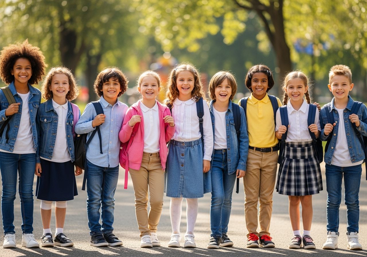 Skupina školákov vonku v oblečení do školy s batohmi na slnečný deň.