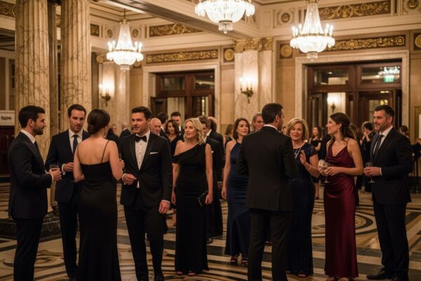 Rôznorodá skupina ľudí v elegantnom oblečení vstupuje do veľkolepého divadelného lobby.