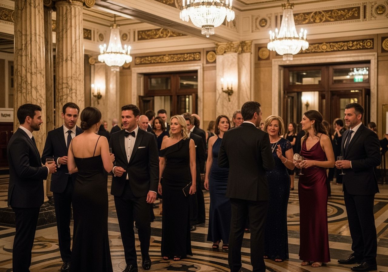 Rôznorodá skupina ľudí v elegantnom oblečení vstupuje do veľkolepého divadelného lobby.