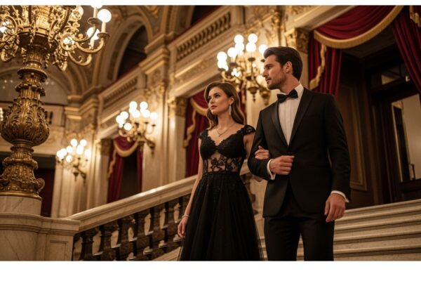 Elegantný pár vstupuje do opery po mramorovom schodišti pod zlatými lustrami s červenými závesmi