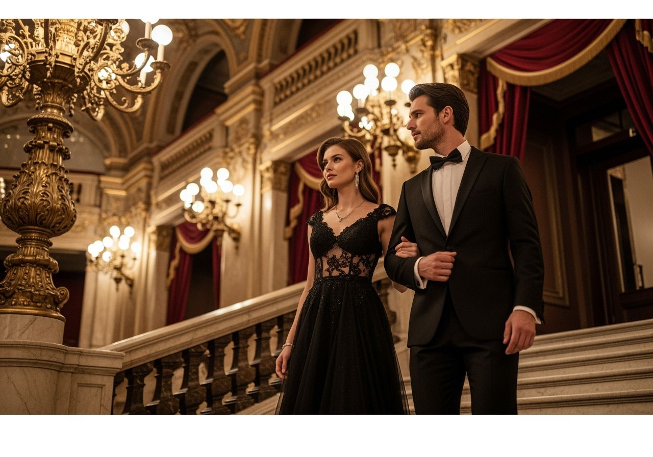 Elegantný pár vstupuje do opery po mramorovom schodišti pod zlatými lustrami s červenými závesmi