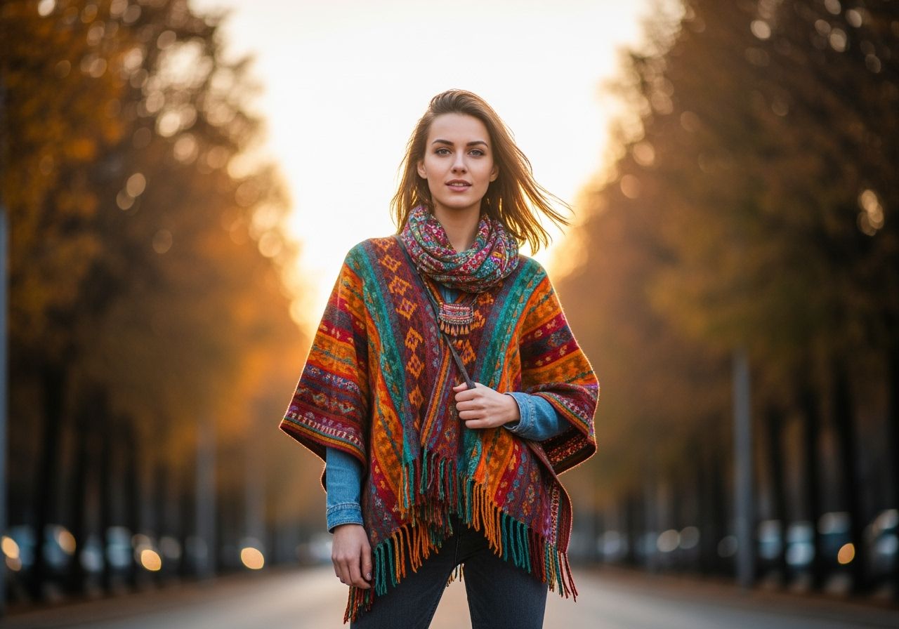 Mladá žena v farebnom vlnenom ponču stojí na mestských uliciach počas zlatej hodiny.