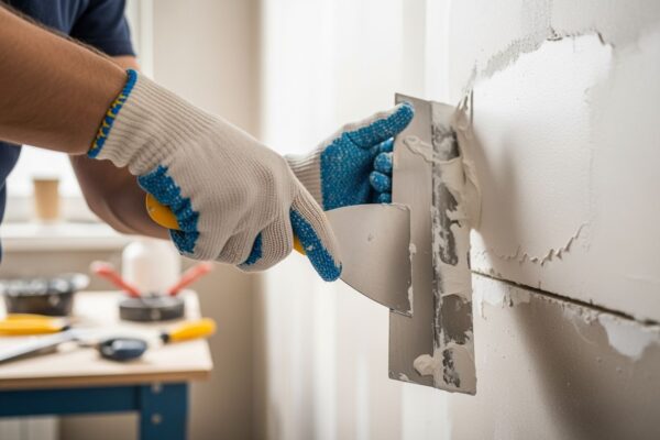 Profesionálny majster nanáša omietku špachtľou na sadrokartónovú stenu v dielni.