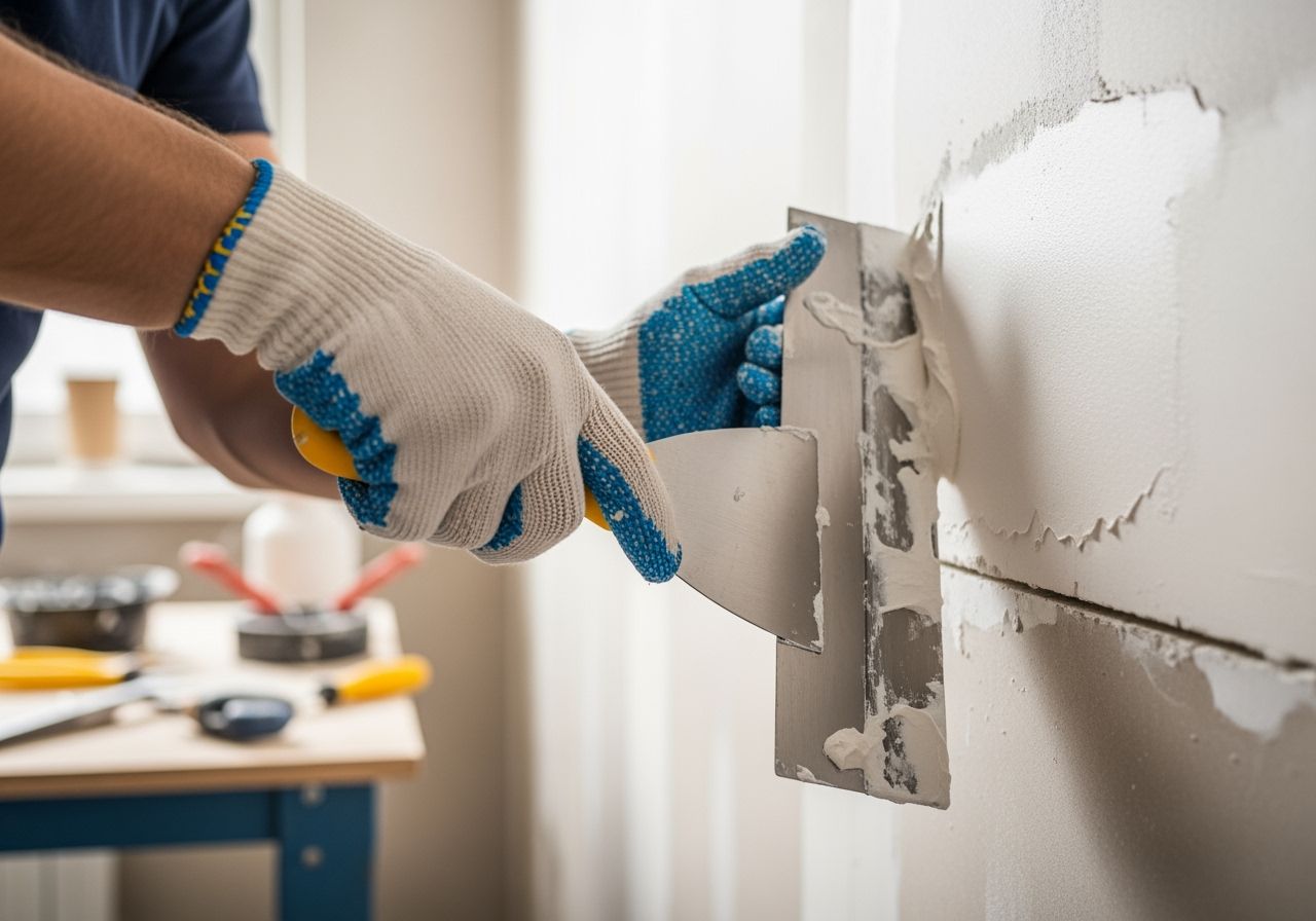 Profesionálny majster nanáša omietku špachtľou na sadrokartónovú stenu v dielni.