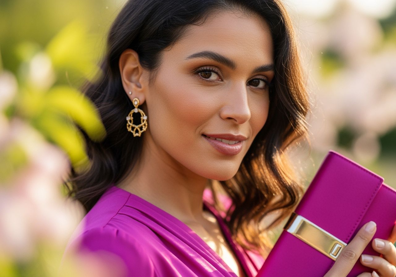 Žena v ružových šatách so zlatými náušnicami a kabelkou na svetlom pozadí s kvetmi