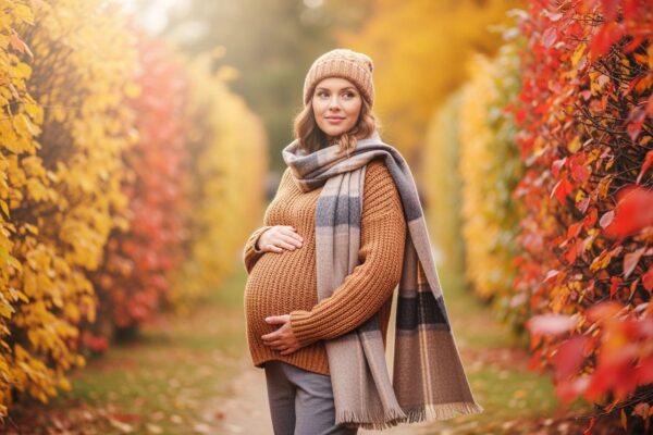 Tehotná žena v teplom jesennom oblečení stojí v parku s farebnými listami na pozadí.