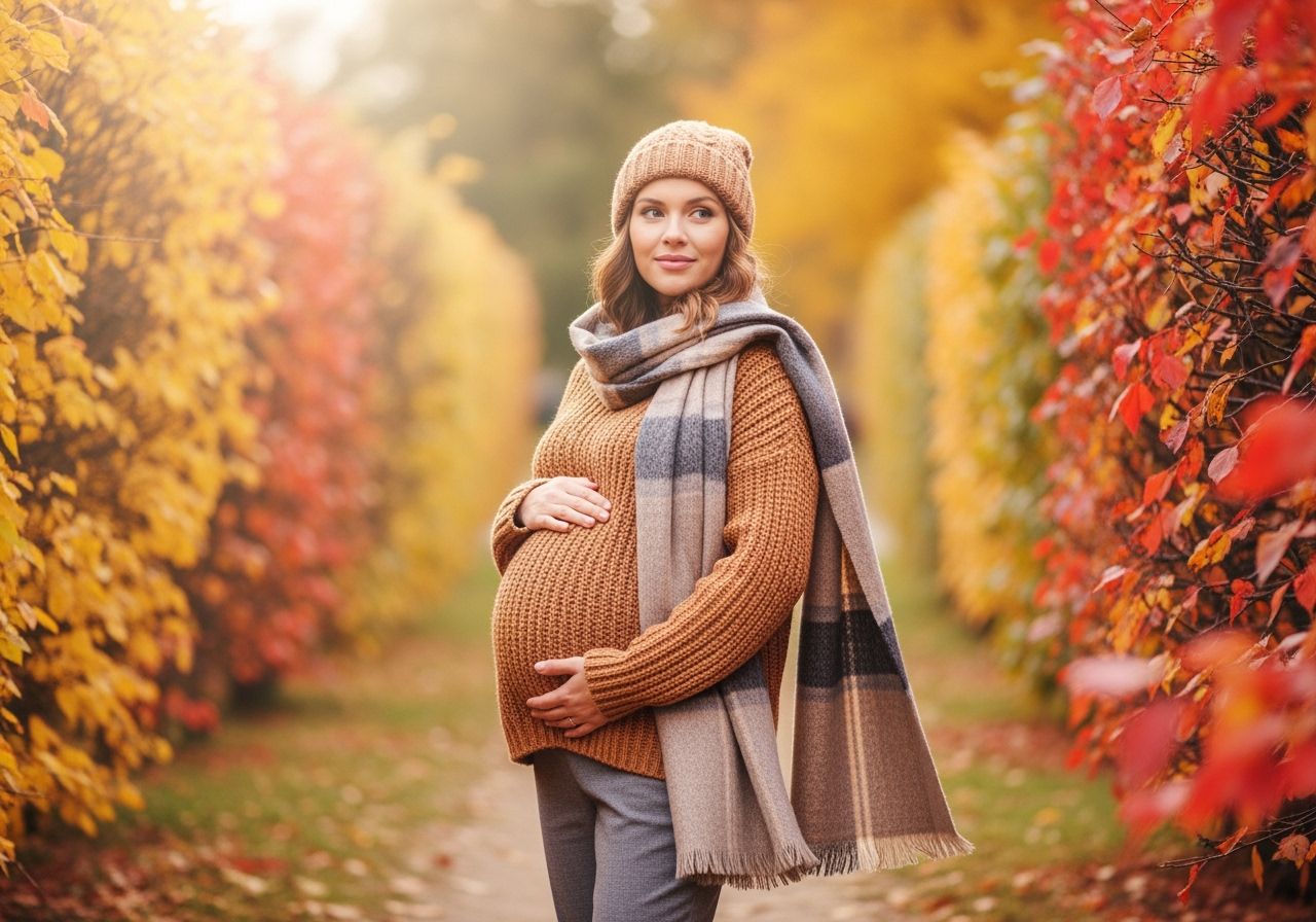 Tehotná žena v teplom jesennom oblečení stojí v parku s farebnými listami na pozadí.