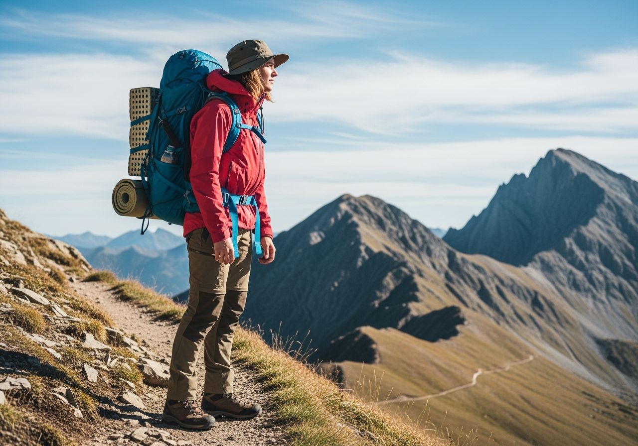 Turista na horskej trase v nepremokavej bunde s batohom, horské štíty pod jasnou oblohou.