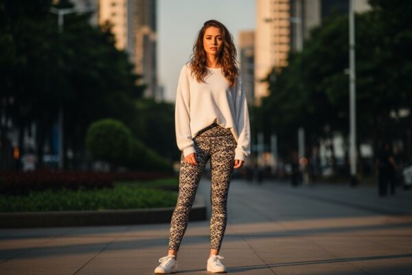 Mladá žena v ležérnom outfite stojaca na mestskej ulici počas zlatej hodiny.