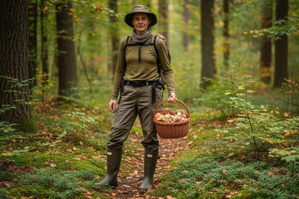 Osoba so satnikom na huby v lese drží košík plný húb, okolie s hustými stromami a machom.