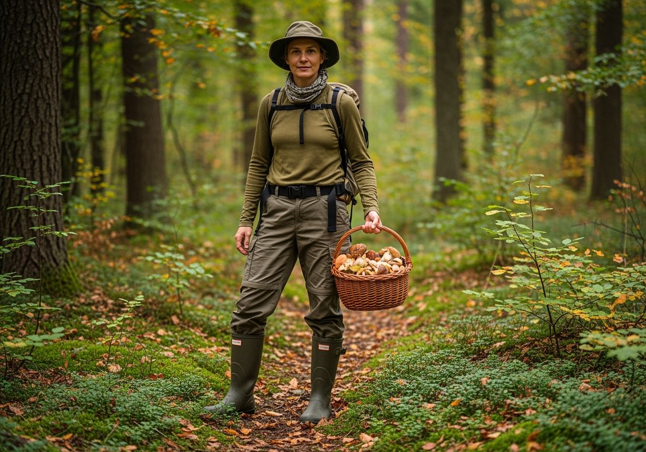Osoba so satnikom na huby v lese drží košík plný húb, okolie s hustými stromami a machom.