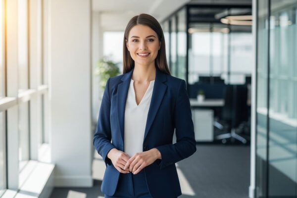 Profesionálna žena v kancelárii v tmavomodrom obleku, stojaca s istotou na rozmazanom pozadí.