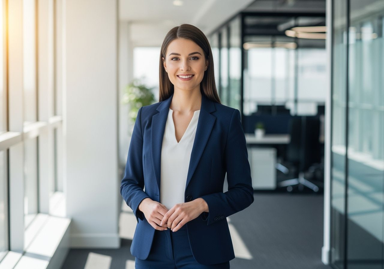 Profesionálna žena v kancelárii v tmavomodrom obleku, stojaca s istotou na rozmazanom pozadí.