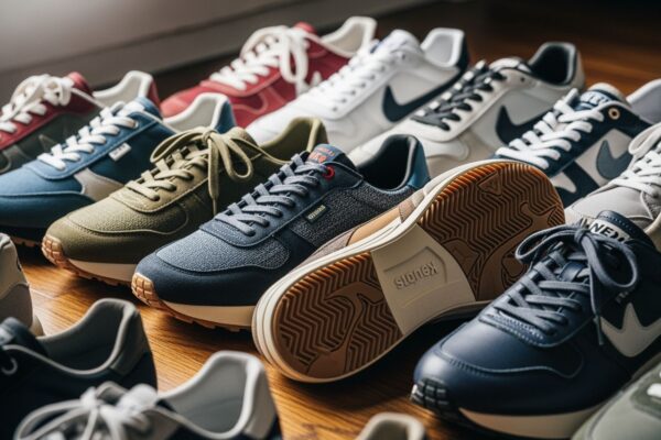 Rôzne tenisky na drevenej podlahe s rôznymi materiálmi a farbami v interiéri pri prirodzenom svetle