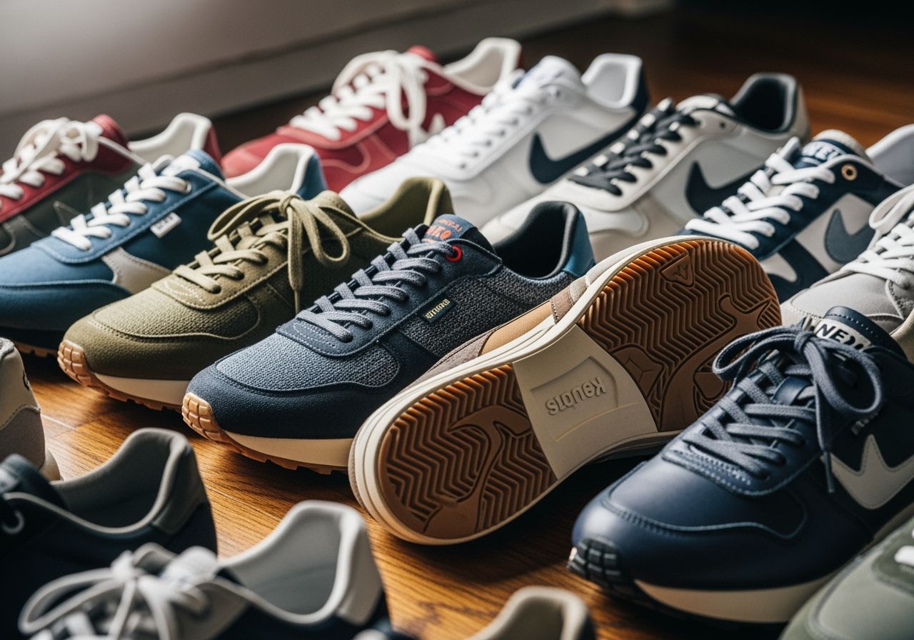 Rôzne tenisky na drevenej podlahe s rôznymi materiálmi a farbami v interiéri pri prirodzenom svetle