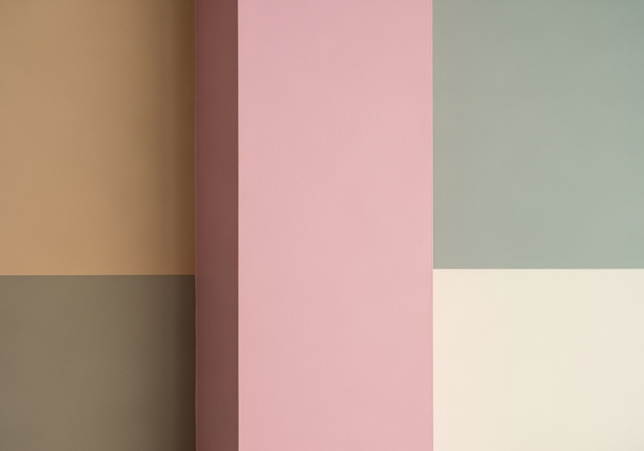 Detail miestnosti so stien v práškovej ružovej, béžovej, taupe, šalviovej a krémovej farbe pri prirodzenom svetle