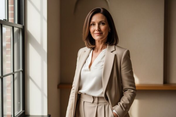 Fotorealistický portrét sebavedomej ženy v béžovom saku a bielej blúzke v modernom interiéri