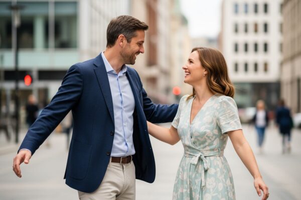 Muž a žena sa stretávajú po rokoch na ulici v meste, usmievajú sa a vítajú sa s náručou.