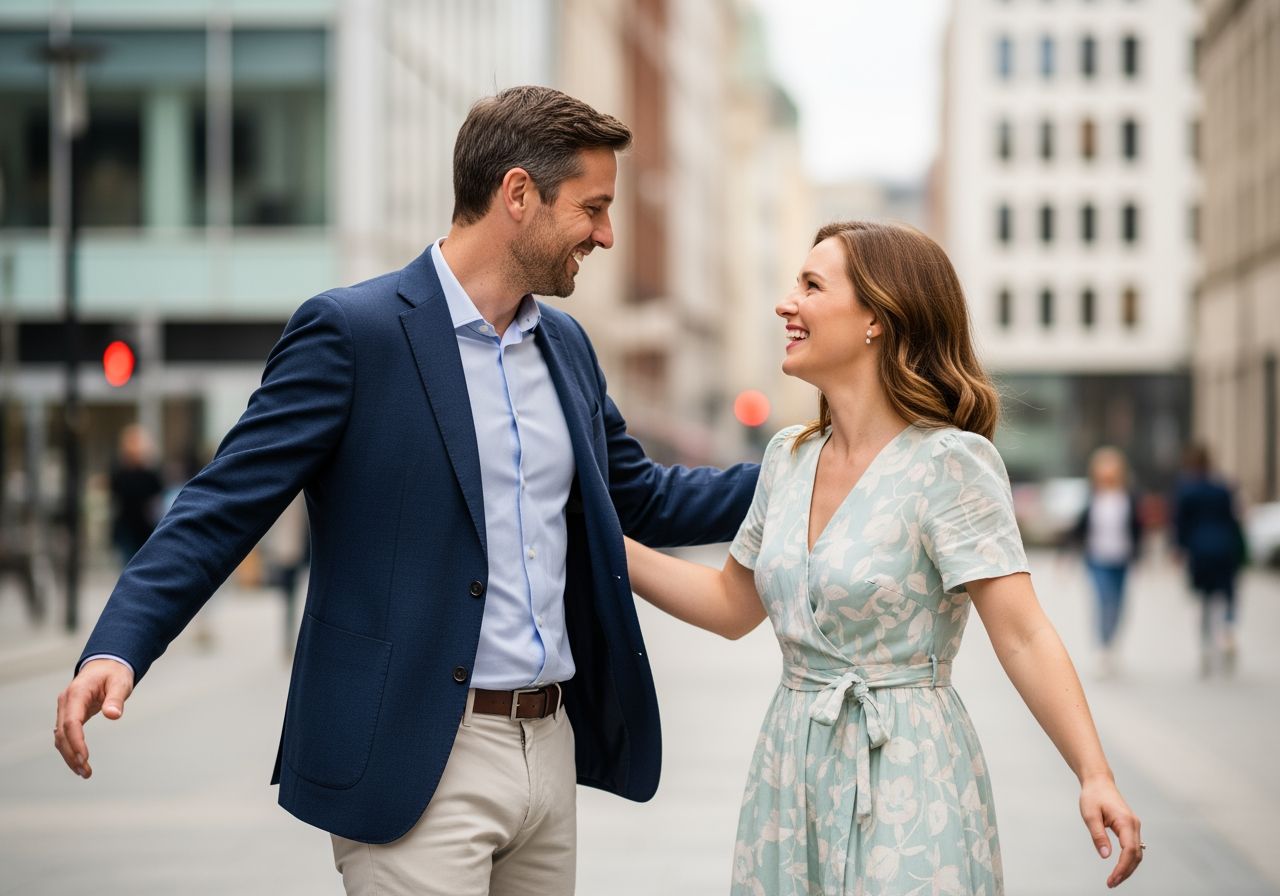 Muž a žena sa stretávajú po rokoch na ulici v meste, usmievajú sa a vítajú sa s náručou.