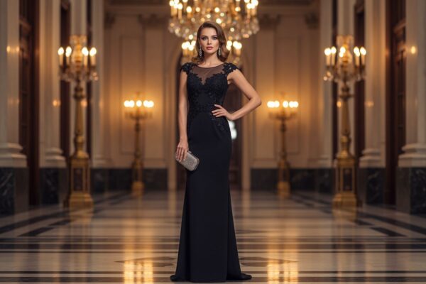 Elegantná žena v čiernych šatách stojí v luxusnej hale s kryštálovými lustrami a mramorovou podlahou.