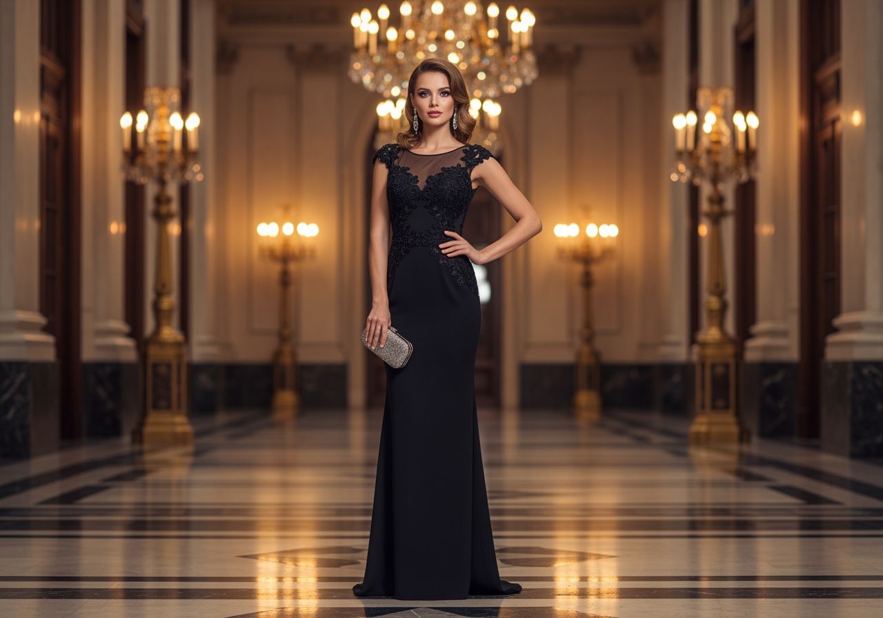 Elegantná žena v čiernych šatách stojí v luxusnej hale s kryštálovými lustrami a mramorovou podlahou.