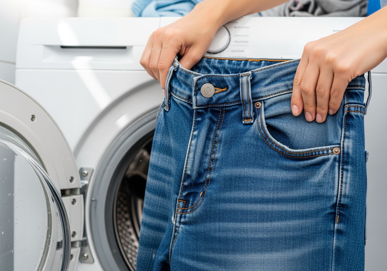 Pár modrých riflí držaných nad práčkou v jasnej práčovni pred praním