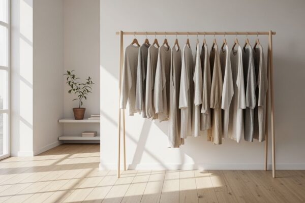 Minimalistický šatník s ekologickým oblečením z ľanu a bavlny v škandinávskom interiéri.