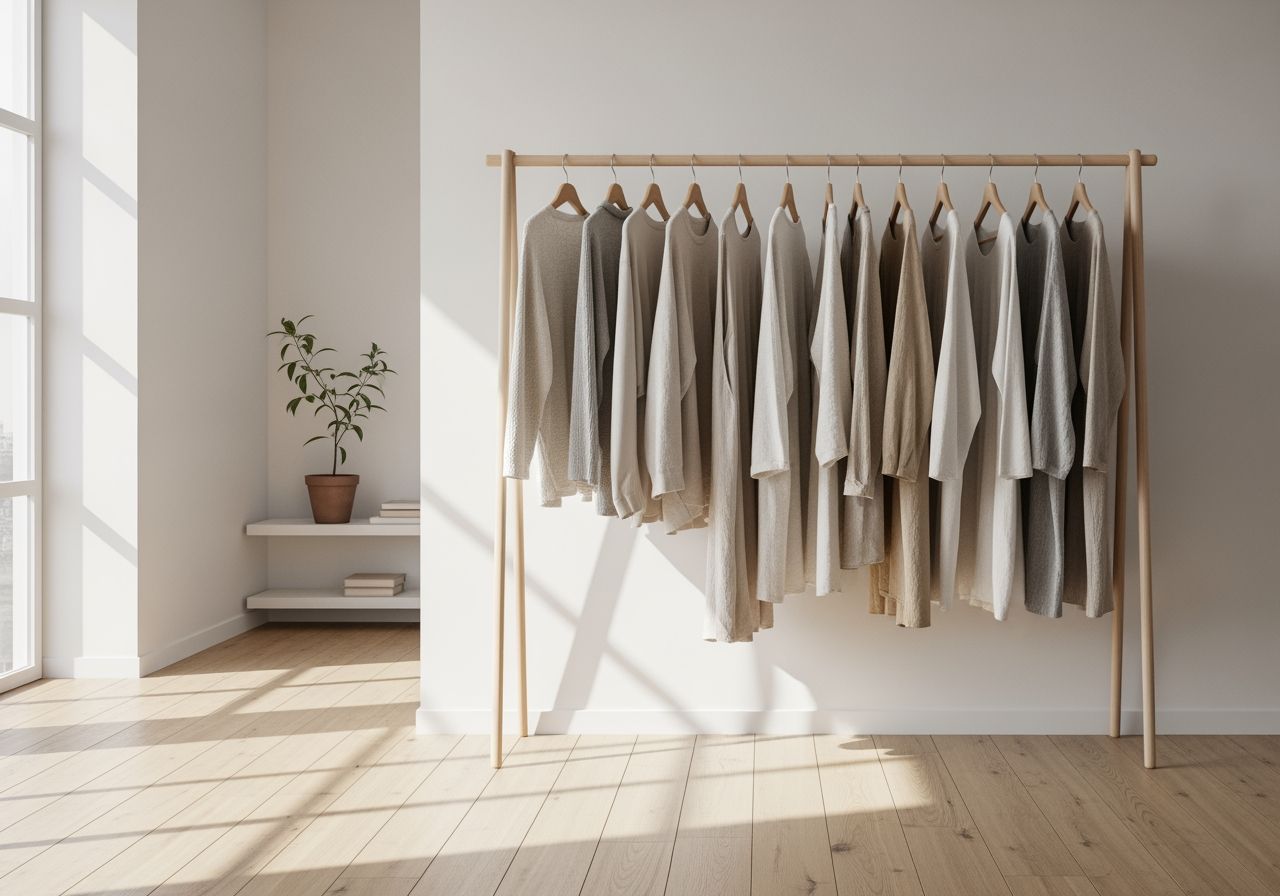 Minimalistický šatník s ekologickým oblečením z ľanu a bavlny v škandinávskom interiéri.