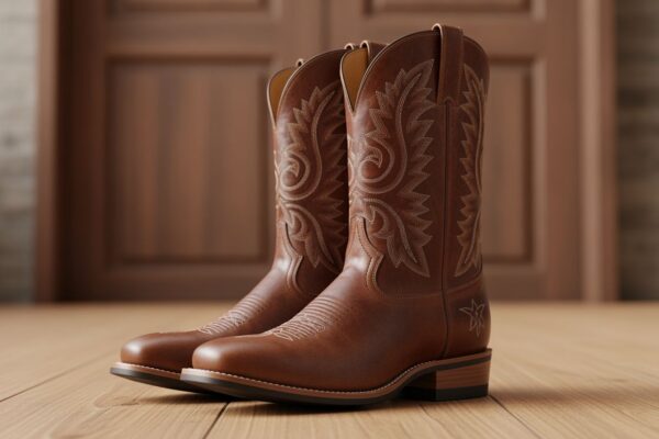 Pár hnedých kožených kovbojských topánok na drevenej podlahe so vzorovaním a známkami používania