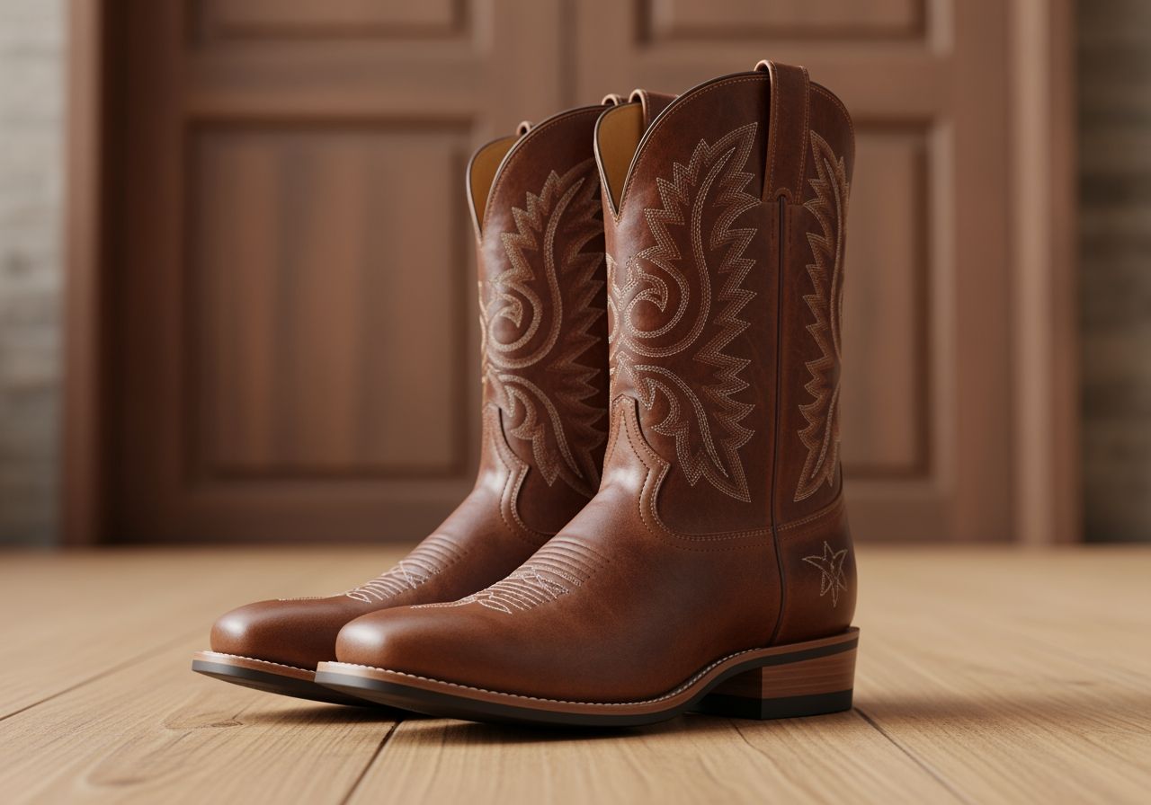 Pár hnedých kožených kovbojských topánok na drevenej podlahe so vzorovaním a známkami používania