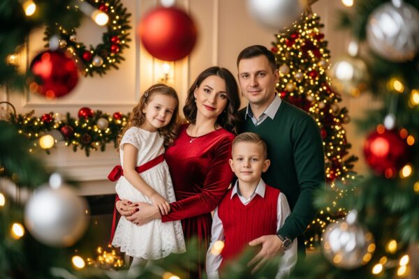 rodina v červených, zelených a bielych vianočných odevoch pózuje pred sviatočnou výzdobou s girlandami a svetielkami