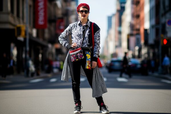 Módna mladá žena na rušnej ulici v pestrej, umelecky kombinovanej odeve s výrazným štýlom.