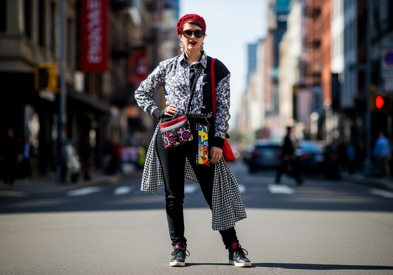 Módna mladá žena na rušnej ulici v pestrej, umelecky kombinovanej odeve s výrazným štýlom.