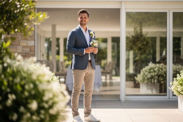 Muž v športovom svadobnom obleku s kvetinou stojaci pred moderným svadobným miestom v dennom svetle