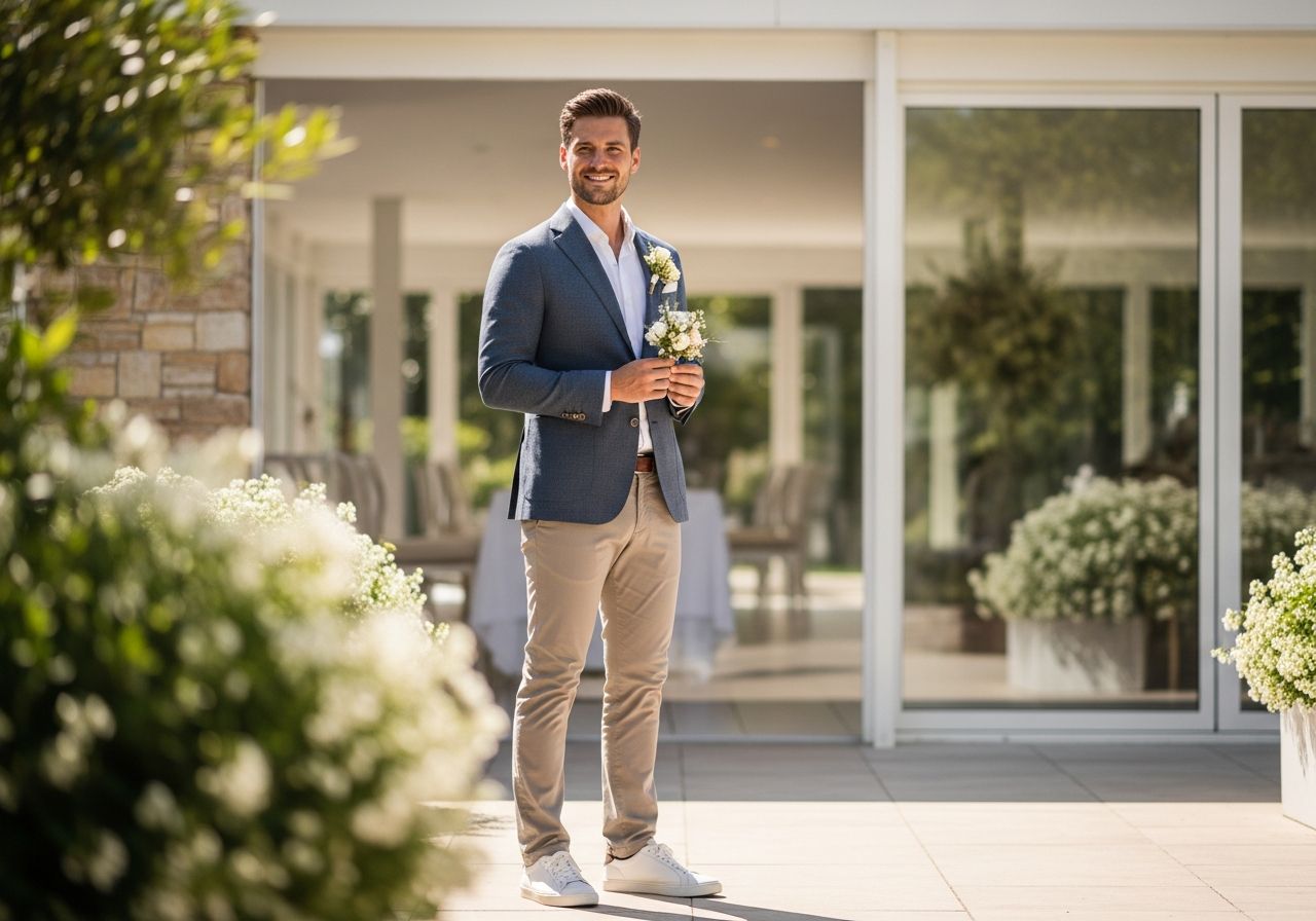Muž v športovom svadobnom obleku s kvetinou stojaci pred moderným svadobným miestom v dennom svetle