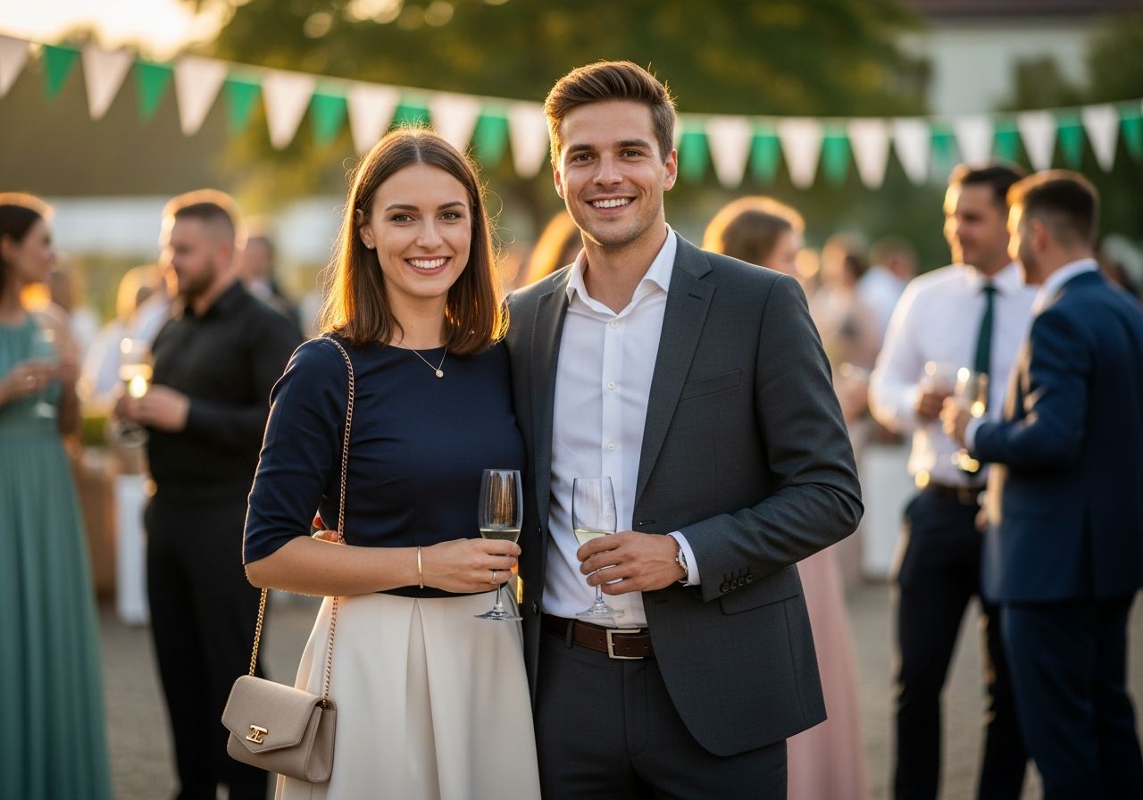 Mladý pár na polterabendovej oslave vonku, usmievaní, v elegantnom oblečení počas zlatej hodiny