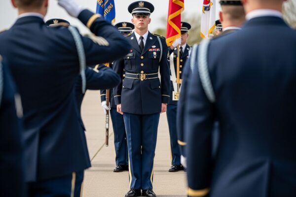 Mladý vojak v uniformě při vojenské přísaze s ostatními vojáky v pozadí ve dne