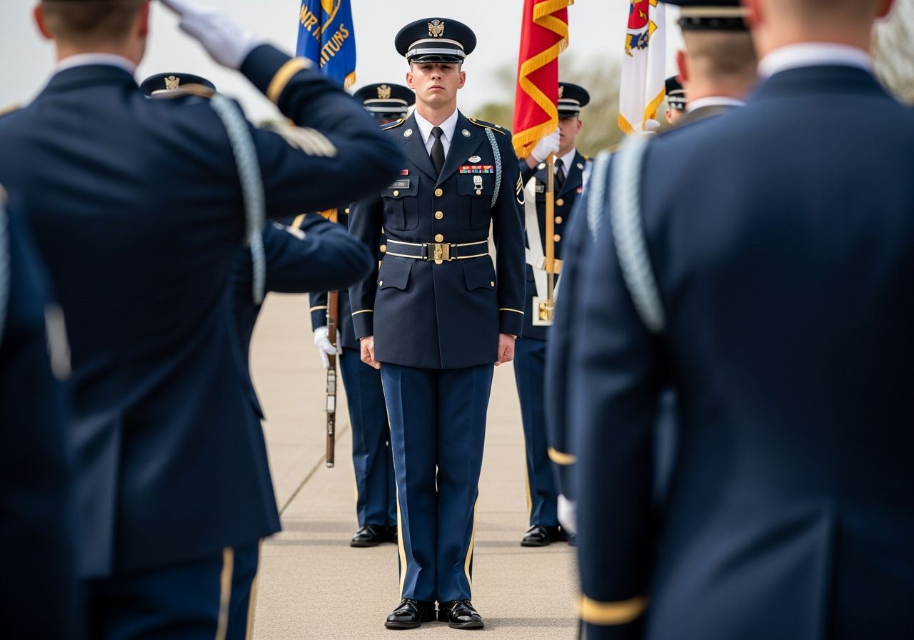 Mladý vojak v uniformě při vojenské přísaze s ostatními vojáky v pozadí ve dne