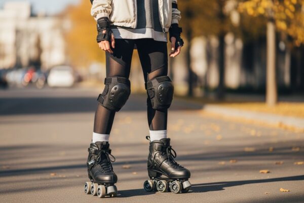 Mladý dospelý na kolieskových korčuliach v mestských uliciach v jesennom oblečení so ochrannými pomôckami