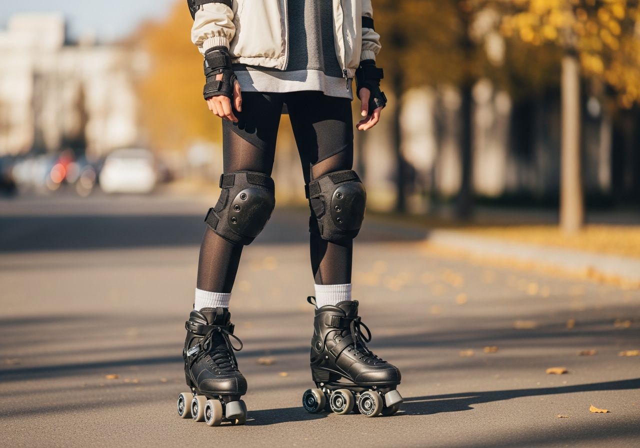 Mladý dospelý na kolieskových korčuliach v mestských uliciach v jesennom oblečení so ochrannými pomôckami