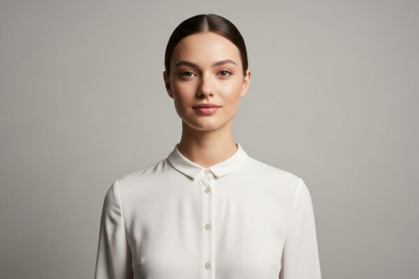 Mladá žena v bielej blúzke stojaca na sivom pozadí so zviazanými vlasmi a prirodzeným výrazom.
