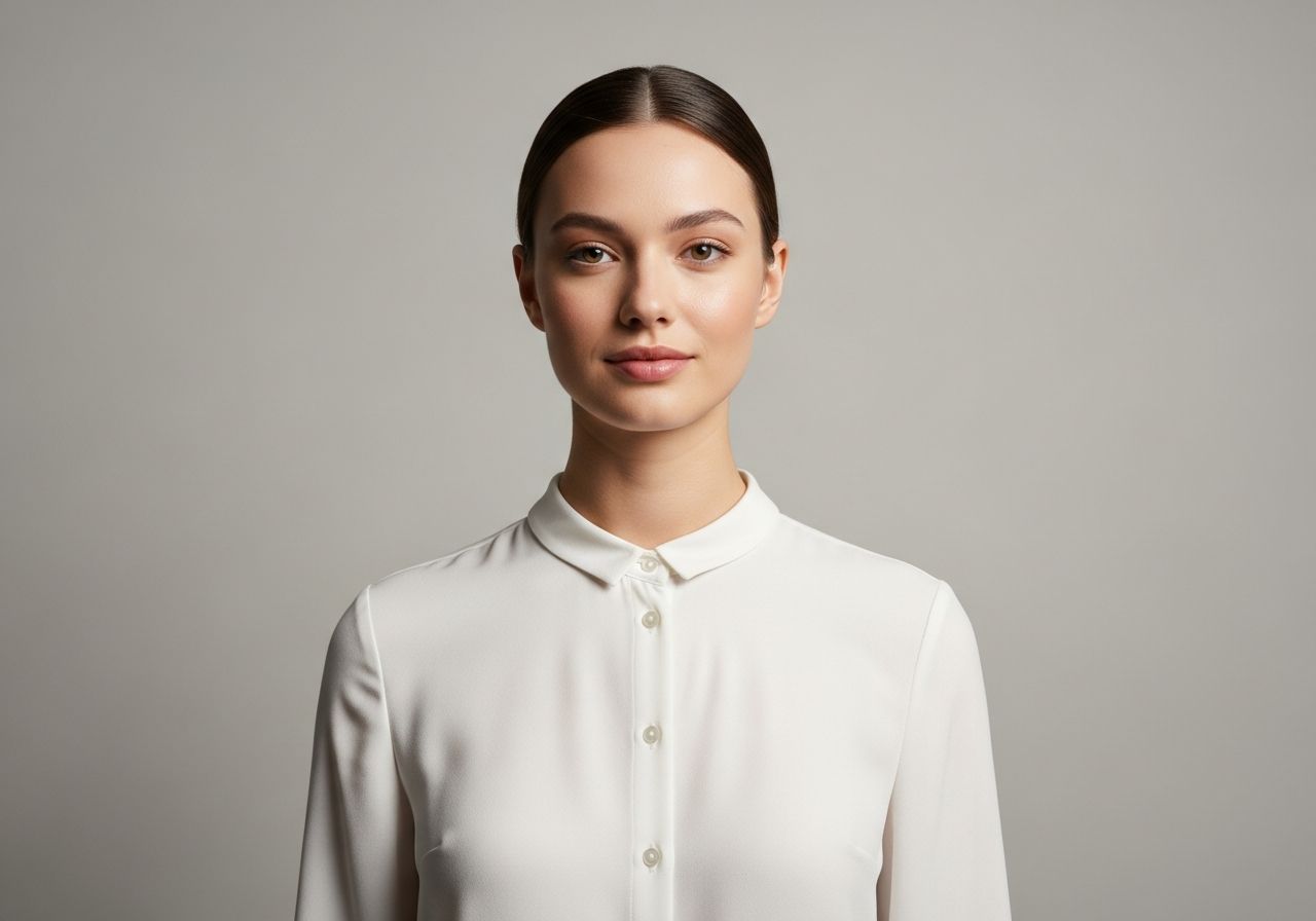 Mladá žena v bielej blúzke stojaca na sivom pozadí so zviazanými vlasmi a prirodzeným výrazom.