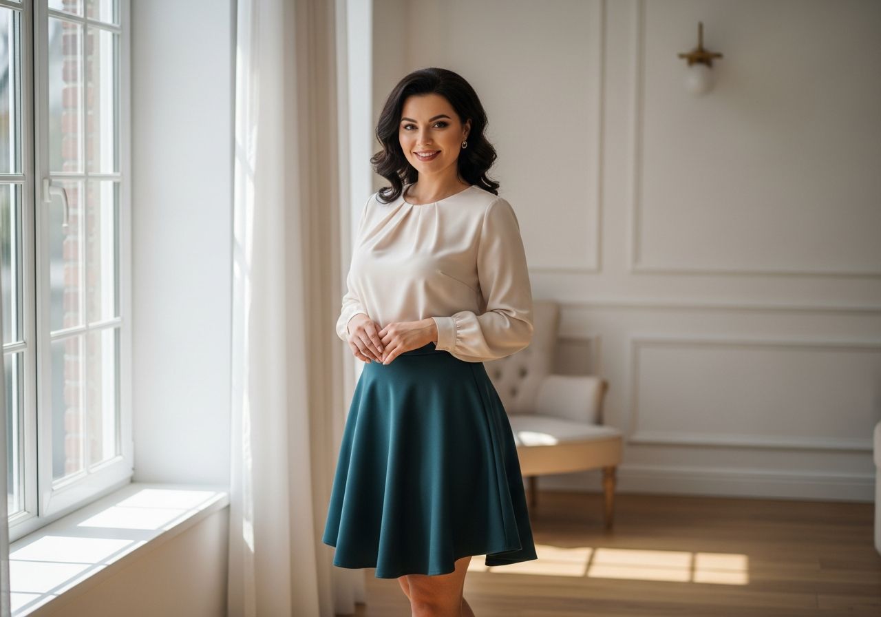 sebavedomá žena s hruškovitou postavou v priliehavom blúzke a sukni v modernom svetlom priestore
