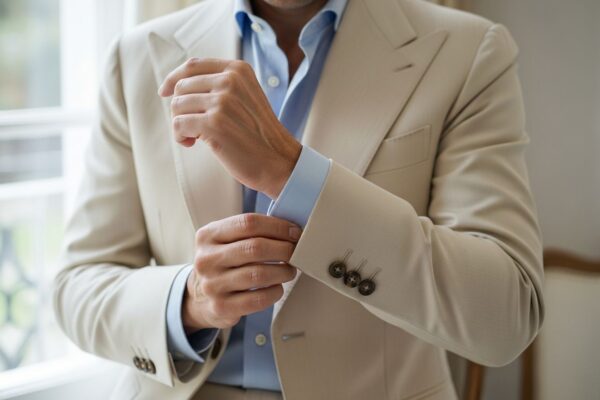 Muž v béžovom obleku a svetlomodrej košeli si upravuje manžetu, detail látok, prirodzené svetlo.