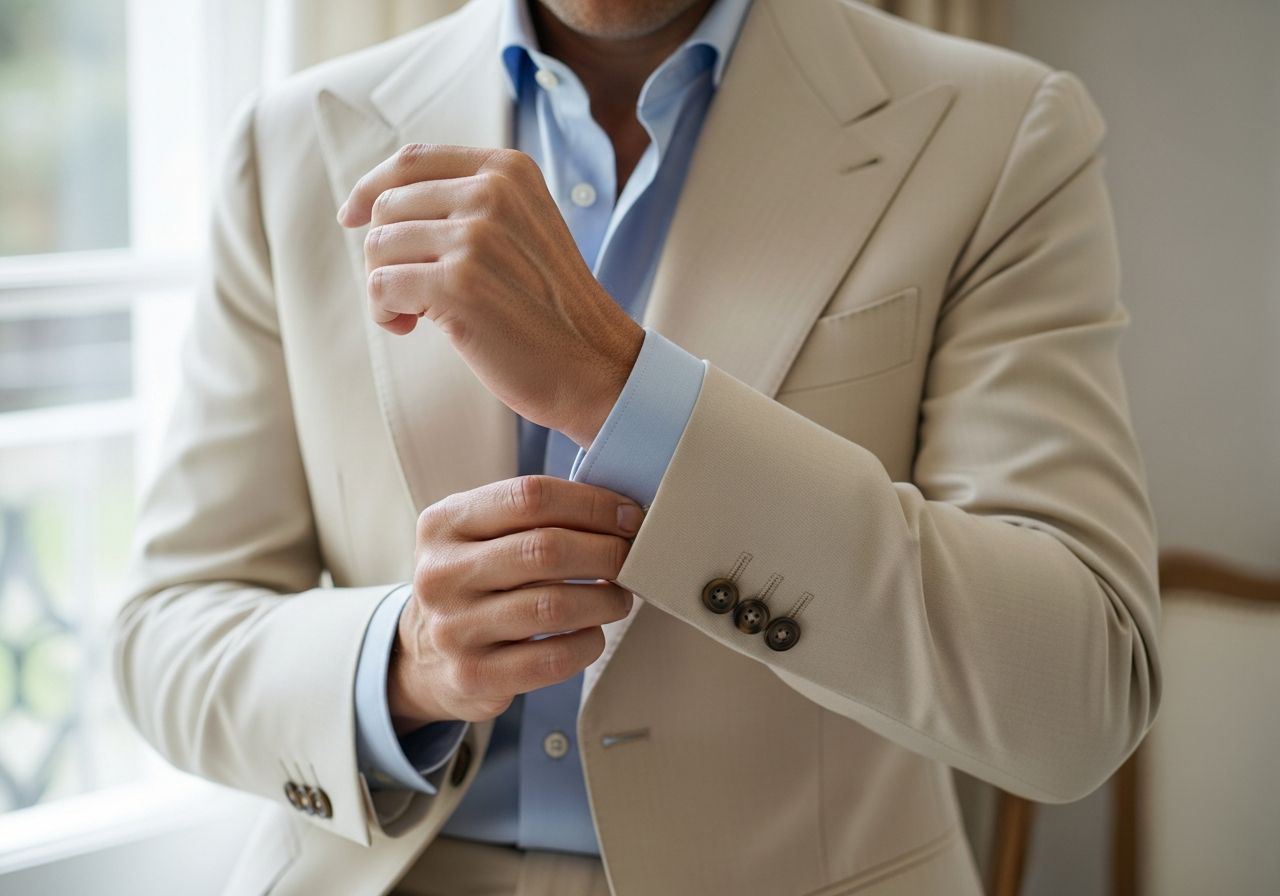 Muž v béžovom obleku a svetlomodrej košeli si upravuje manžetu, detail látok, prirodzené svetlo.